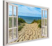 Feeby Impression sur toile Fenêtre Plage Mer Nature XXL 115x70 cm 1 pièce Tableaux Image Photo Décoration Murale Artistique Photographie Design Salon Chambre Mer du Nord Mer Baltique Multicolore