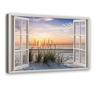 Feeby Impression sur toile Fenêtre Vue 3D 90x60 cm 1 pièce Tableaux Tableau Mural Image Photo Moderne Décoration Murale Artistique Photographie DesignMural Image Moderne Plage Beige