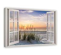 Feeby Impression sur toile Fenêtre Vue 3D Plage Coucher de soleil XXL 120x80 cm 1 pièce Tableaux Photo Moderne Décoration Murale Artistique Photographie Design Cuisine Salon Chambre à coucher Beige