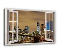 Feeby Impression sur toile Fenetre Vue 3D Tableau moderne New York marron 60x40 cm
