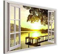 Feeby Impression sur toile Fenêtre XXL 115x75 cm 1 pièce Tableaux Tableau Mural Image Moderne Décoration Murale Artistique Photographie Cuisine Salon Chambre à coucher Coucher du Soleil Lac Jaune