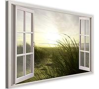 Feeby Impression sur Toile Fenêtre XXL 115x75 cm 1 pièce Tableaux Tableau Mural Image Photo Décoration Murale Design Chambre Salon Cuisine Herbe Plage Soleil Nature Mer du Nord Mer Baltique Vert