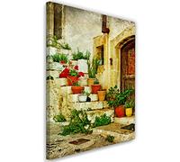 Feeby Impression sur Toile Intissé Ancien immeuble Fleurs Escaliers Toscane Italie 30x45 cm Image Moderne Tableau Déco Mural Salle De Séjour Mur de briques Pots de fleurs Les plantes beige