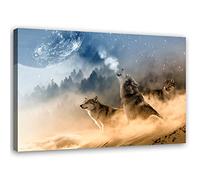 Feeby Impression sur Toile Intissé Étoiles De La Lune 90x60 cm Image Moderne Tableau Déco Mural Salle De Séjour Forêt Des Loups bleu