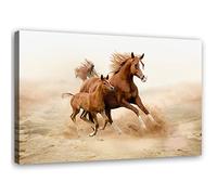 Feeby Impression sur Toile Intissé Jument Poulain Les chevaux Courses 90x60 cm Image décoration Murale Design Chambre d'enfant Sable Sauvage Troupeau Libérer marron