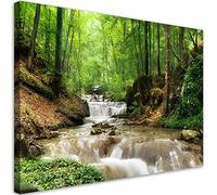 Feeby Impression sur Toile Intissé Nature Rochers Arbres Forêt 90x60 cm Image décoration Murale Design Chambre d'enfant Cascade Plantes Ruisseau Chute d'eau vert