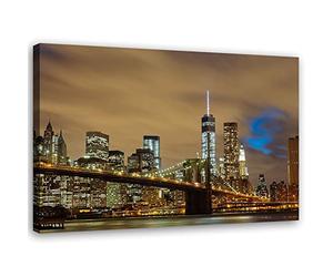 Feeby Impression sur Toile Intissé Pont de Brooklyn USA NY 90x60 cm Image décoration Murale Design Chambre d'enfant Ville de New York Manhattan by Night Gratte-ciel Skyline marron