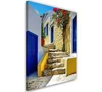 Feeby Impression sur Toile Intissé Rue étroite Ancien immeuble Escaliers Grèce Santorini 60x90 cm Image décoration Murale Design Chambre d'enfant Coloré Les fenêtres Bleu Des portes orange