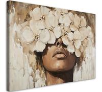 Feeby - Impression sur Toile - Intissé Tableau Decoration Murale - Femme Fleurs Doré beige - 60x40 1partie - Salon Peinture Tableaux - Moderne - Décoration Chambre Esthétique