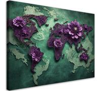 Feeby - Impression sur Toile - Intissé Tableau Decoration Murale - Fleurs Carte du monde Lilas - 120x80 1partie - Salon Peinture Tableaux - Moderne - Décoration Chambre Esthétique