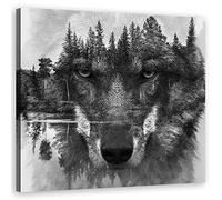 Feeby Impression sur Toile Intissee Abstraction Nature Tête de loup 50x50 cm Tableau Moderne Tableau Photo Chambre à Coucher Animal Prédateur Lac dans les bois noir et blanc