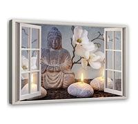 Feeby Impression sur Toile Intissee Bougies Fleurs De Bouddha 60x40 cm Art Image Deco Artistique Salon Esthétique Fenêtre D'Illusion 3D beige