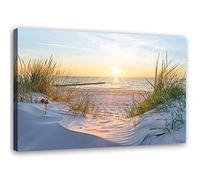 Feeby Impression sur Toile Intissee Ciel Plage Vagues Mer 60x40 cm Tableau Moderne Tableau Photo Chambre à Coucher Herbe Coucher du soleil Dunes beige