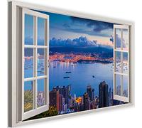 Feeby Impression sur Toile Intissee Hong Kong De Nuit La Ville 120x80 cm Tableau Moderne Tableau Photo Chambre à Coucher Fenêtre Ouverte Effet 3D violet