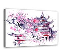 Feeby Impression sur Toile Intissee Japon Cerisier en fleurs Pagode 30x20 cm Image Photo Graphique Tableux Couloir Asie Oriental Est violet