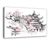 Feeby Impression sur Toile Intissee Japon Cerisier en fleurs Pagode 60x40 cm Tableau Moderne Tableau Photo Chambre à Coucher Oriental Est Asie gris