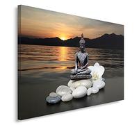 Feeby Impression sur Toile Intissee Orchidée Lac Pierres Zen Coucher De Soleil 80x60 cm Tableau Moderne Tableau Photo Chambre à Coucher Statue De Bouddha Méditation Spa orange