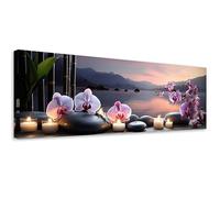 Feeby Impression sur Toile Intissee Pierres Orchidée Bougies 100x40 cm 1 pièces Tableaux Image Déco Murale Artistique Photographie Design Salon Bureau Couloir Hôtel Spa Zen Spa Eau violet