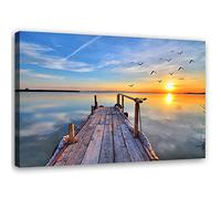 Feeby Impression sur Toile Intissee Plage Coucher de soleil Lac Jetée en bois 60x40 cm Tableau Moderne Tableau Photo Chambre à Coucher Des oiseaux L'eau Vacances Ciel bleu