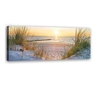 Feeby Impression sur Toile Intissee Sable Mer Vagues Plage Eau 150x50 cm Tableau Moderne Tableau Photo Chambre à Coucher Coucher de soleil Herbe Mer du Nord beige