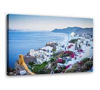 Feeby Impression sur Toile Intissee Vagues Mer Grèce Ciel 60x40 cm Tableau Moderne Tableau Photo Chambre à Coucher Santorini Coucher de soleil Île ; bleu
