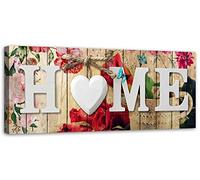 Feeby Impression sur Toile Intissee Vintage Rétro Inscription Home 100x40 cm Tableau Moderne Tableau Photo Chambre à Coucher Shabby Chic Roses Coeur beige