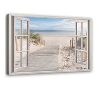 Feeby Impression sur toile Mural Fenêtre Vue 3D 90x60 cm 1 pièce Tableaux Image Photo Décoration Murale Artistique Photographie Design Salon Chambre Image Moderne Plage Beige