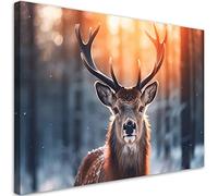 Feeby Impression sur toile Nature Cerf Neige 90x60 cm 1 pièce Tableaux Tableau Déco Mural Image Photo Murale Artistique Photographie Design Salon Bureau Couloir Hôtel Spa Animal Forêt marron