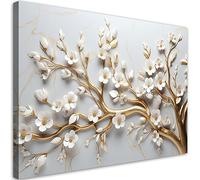 Feeby Impression sur toile Or Fleurs 3D 90x60 cm 1 pièce Tableaux Tableau Déco Mural Image Photo Murale Artistique Photographie Design Salon Bureau Couloir Hôtel Spa Magnolia Motif floral blanc
