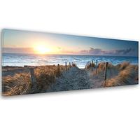 Feeby Impression sur Toile Plage Mer du Nord Mer Baltique 70x25 cm 1 pièce Tableaux Tableau Image Moderne Décoration Murale Design Chambre Salon Cuisine Eau Paysage Vue Chemin Sable Herbe Bleu Brun