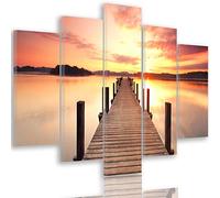 Feeby Impression Sur Toile Quai Coucher de soleil 5 Pièces 100x70 cm Type A Tableaux Tableau Mural Image Moderne Photo Décoration Murale Artistique Photographie Design Chambre Salon Cuisine Orange