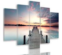 Feeby Impression Sur Toile Quai Coucher de soleil 5 Pièces 200x100 cm Type A Tableaux Tableau Mural Image Moderne Photo Décoration Murale Artistique Photographie Design Chambre Salon Cuisine Lac Bleu