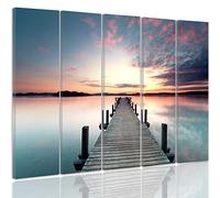 Feeby Impression sur Toile Quai Coucher de Soleil 5 Pièces 200x100 cm Type C Tableaux Tableau Mural Image Moderne Photo Décoration Murale Artistique Photographie Design Chambre Salon Cuisine Lac Bleu