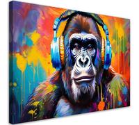 Feeby Impression sur toile - Singe coloré avec écouteurs - decoration chambre - 120x80 cm - decoration murale - decoration maison - Moderne - ART - poster mural