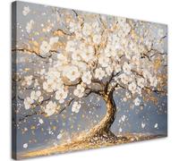 Feeby - Impression sur Toile - Tableau Decoration Murale - Arbre doré avec fleurs blanches - 115x75 1partie - Salon Peinture Tableaux - Moderne Reproductions Tableaux - Décoration Chambre