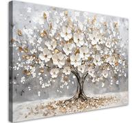 Feeby - Impression sur Toile - Tableau Decoration Murale - Fleurs blanches Feuilles dorées - 120x80 1partie - Salon Peinture Tableaux - Moderne Reproductions Tableaux - Décoration Chambre