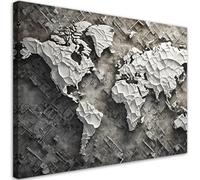Feeby - Impression sur Toile - Tableaux Decoratifs Muraux - Carte du monde grise 3D - 90x60 1partie - Décoration pour le Salon et la Chambre - Tableau toile Intissé pour le mur