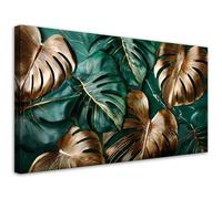 Feeby - Impression sur Toile - Tableaux Decoratifs Muraux - Feuilles de monstera vert doré - 120x60 1partie - Decoration Salon - Photo sur toile Cadeau - Tableau toile pour le mur