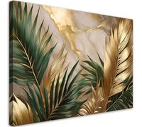 Feeby - Impression sur Toile - Tableaux Decoratifs Muraux - Feuilles de palmier sur fond de marbre doré - 115x75 1partie - Decoration Salon - Photo sur toile Cadeau - Tableau toile pour le mur