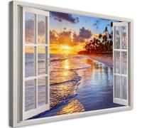 Feeby Impression sur toile - Vue sur la fenêtre Coucher de soleil sur la mer - decoration chambre - 60x40 cm - tableau decoration murale - decoration maison - ART - poster mural