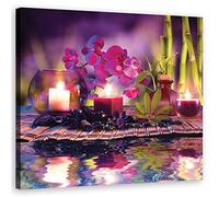Feeby Impression sur toile Zen Pierres Spa Bougies 50x50 cm Tableau moderne Orchidée Nature morte Eau Bien-être violet
