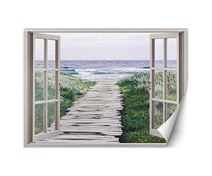 Feeby Papier Peint Intisse Chemin De La Plage 140x100 cm vert XXL Photo Mural Muraux Tapisserie Vue De La Fenêtre Illusion 3D
