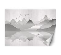 Feeby Papier Peint Intissé Oiseaux Montagnes Lac Abstraction 400x280 cm gris XXL Moderne Décoration Murale Tableaux Muraux Tapisserie Salon Chambre à coucher Argent Bateau Eau