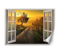 Feeby Papier Peint Intisse Vue De La Fenêtre Illusion 3D 140x100 cm orange Moderne Panoramique XXL Photo Mural Muraux Chambre Bureau Salle Route De Campagne Arbre Soleil