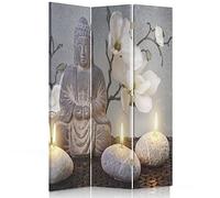Feeby Paravent Bouddha 3 Panneaux 110x150 cm Deux Côtés Cloison de séparation Écran Pliant Foto Paravent Interieur Décoratif Mur Espagnol Impression sur Toile Chambre d'enfant Salon Bureau Gris