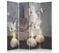 Feeby Paravent Bouddha Culture Bougies 4 Panneaux 145x180 cm Deux Côtés Écran Pliant Foto Paravent Interieur Décoratif Mur Espagnol Impression sur Toile Chambre d'enfant Salon Bureau Fleurs Zen Gris
