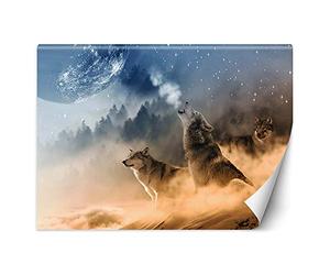 Feeby Photo Murale Intisse Abstrait Loups Lune 350x245 cm multicolore Déco Murale Tableaux Muraux À La Maison Chambre à Coucher, Salon, Chambre D'amis Montagnes Neige Brouillard Forêt