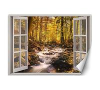 Feeby Photo Murale Intisse Vue De La Fenêtre Illusion 3D 280x200 cm vert Déco Murale Tableaux Muraux À La Maison Chambre à Coucher, Salon, Chambre D'amis Cascade Ruisseau Forêt
