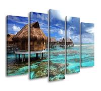 Feeby Tableau décoration 100x70 cm Plage Mer Ciel Nuages Toile 5 parties Tableau Moderne Photo Chambre à Coucher Tropiques Île exotique Chalets sur pilotis bleu