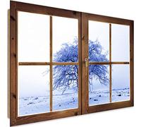 Feeby Tableau Fenetre Vue 3D Déco Imprimé Moderne Arbre Hiver Nature bleu 60x40 cm